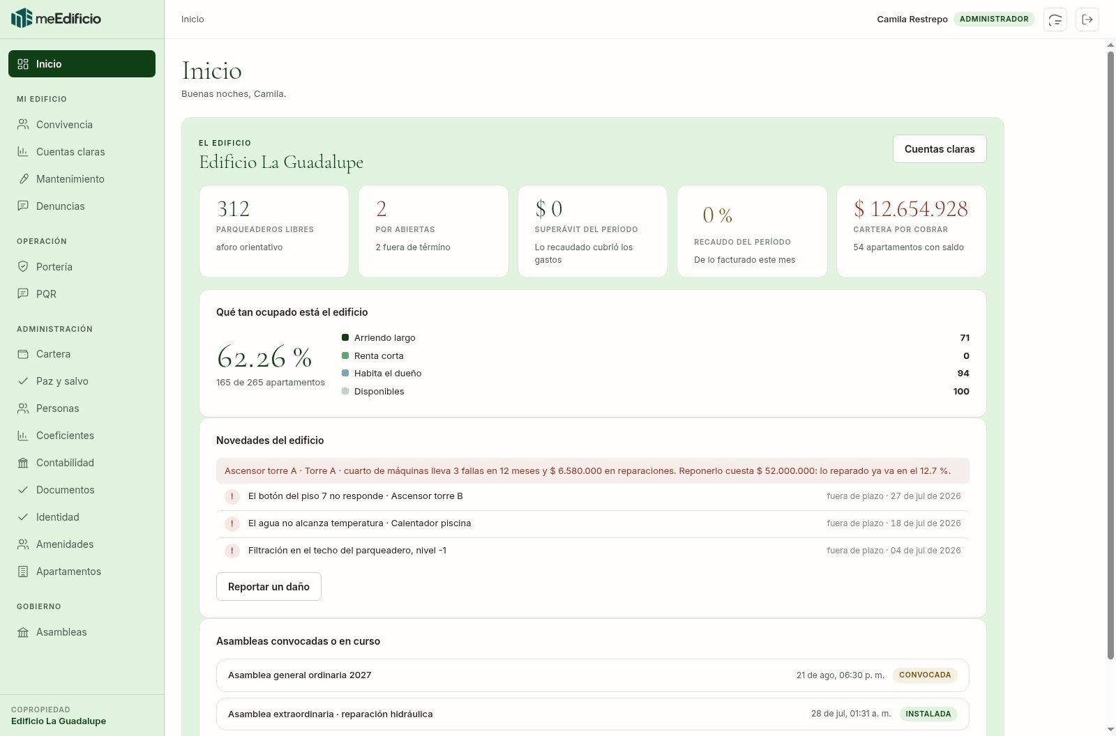 Inicio del administrador con cartera, resultado del período, recaudo, ocupación y novedades del edificio.